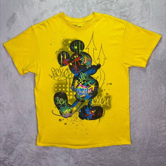 Disney Mens T-Shirt Sz Large Yellow Graffiti Mickey Mouse Graphic Streetwear Tee - Picture 5 of 6